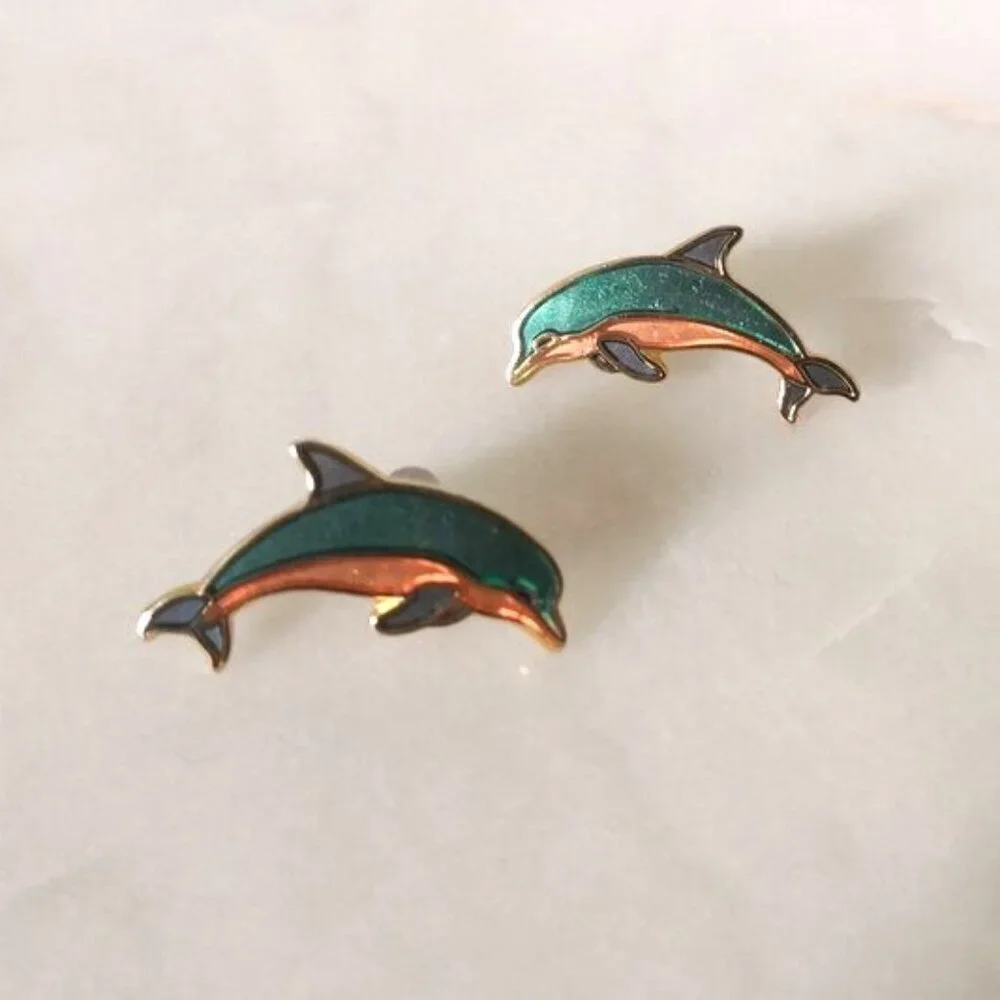 Dolphin Earrings Cloisonne Signed GCC Pierced Earrings 1